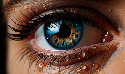 Iris detail of a  woman with blue eye, lashes and water droplets macro shot
