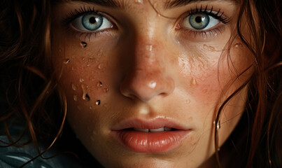 Portrait of young woman with raindrops on her face and blue eyes