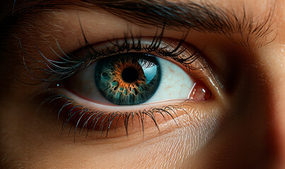 Macro detail shot of a blue-eyed woman looking at camera
