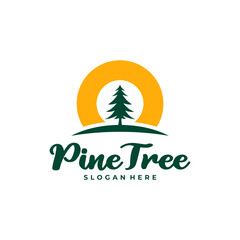Pine Tree with Sun logo design vector. Creative Pine Tree logo concepts template