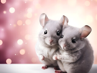 Chinchillas. Two confused chinchillas on a light blurred bokeh background with copy space for text. National hug day concept. Cute animals hug day. Greeting card or post card template. Hugging animals - obrazy, fototapety, plakaty