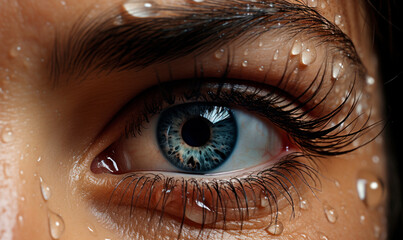 Iris detail of hispanic woman with blue eye, lashes and water droplets macro shot