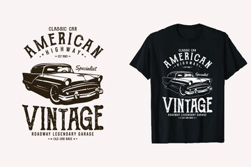  American Vintage Classic Car T-Shirt Design. Old Cars t-shirt Graphic. Black And White Car tshirt.