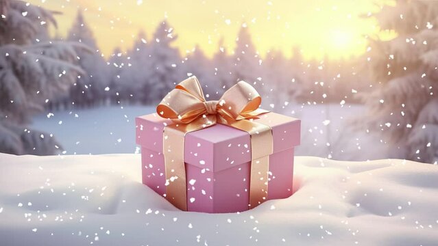 Pink christmas gift in the snow, ai generated

