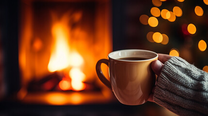 Woman with a cup of drink near the fireplace at home, close-up. Generative AI