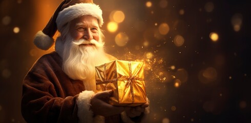 Happy Santa Clause carries a golden glowing gift box - obrazy, fototapety, plakaty