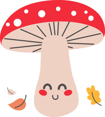 Cute happy mushroom fungus character isolated on white background. Comic funny amusing mushroom with autumn leaves enjoying face expression, cheerful emotion, positive mood vector illustration