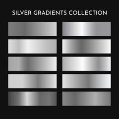 Set of silver gradients. Silver foil texture background set. Vector golden, copper, brass and metal gradient template. Gold gradient vector palette for background template