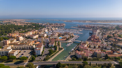 Fototapeta na wymiar Aerial drone photo of the marina in the coastal town named Gruissan, France