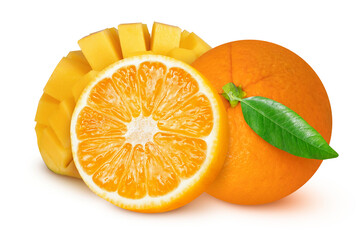 Oranges and mangoes on an isolated white background.