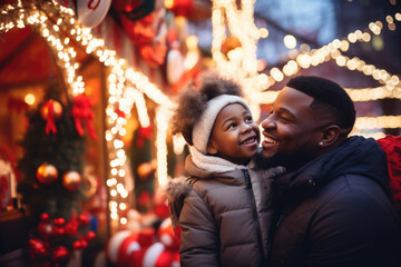 Fototapeta na wymiar African american father and child having god time on traditional Christmas market on winter evening in town decorated with lights