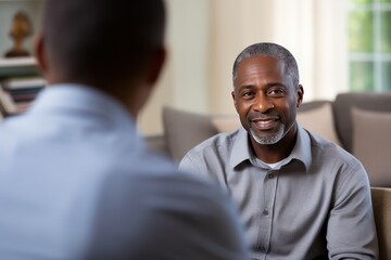 Smiling African American man at an appointment with a psychologist. He delves into the problem and helps the patient solve the problem. The psychotherapist listens carefully to the patient’s story. - obrazy, fototapety, plakaty