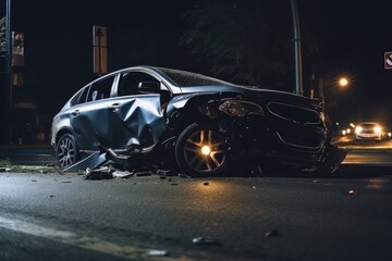 Fototapeta na wymiar Road car accident. A car being torn to pieces on the side of urban road. The dangers of speeding and drunk driving. Life, liability and property insurance.