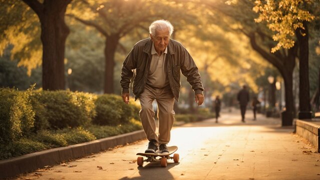 Close-up high-resolution image of an active elderly man playing skateboard in a park. Generative AI.