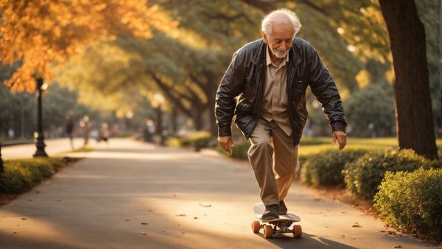 Close-up high-resolution image of grandpa playing skateboard in a city park. Generative AI.