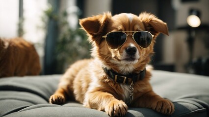 Close-up high-resolution image of a cute puppy wearing sunglass in a cozy room. Generative AI.