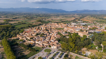 Aerial drone photo of the Spanish town named Peralada. 