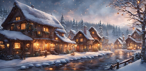 A beautiful background image of a beautiful village covered in snow at night on Christmas