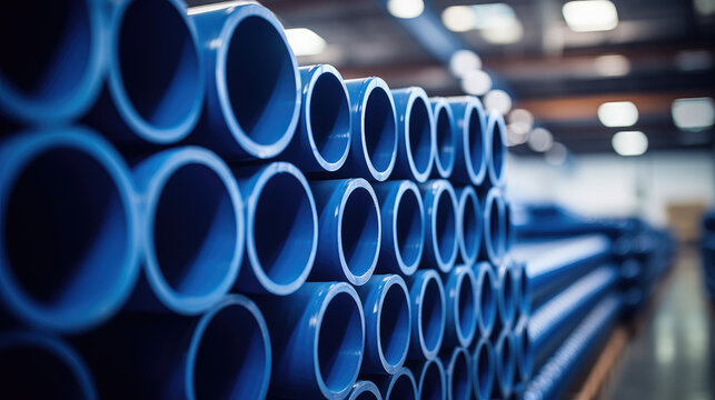 Blue sewage pipes stacked in warehouse