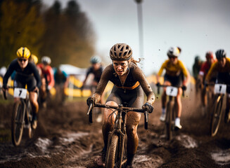 Female cyclist during a cyclocross competition. Women's cycling - obrazy, fototapety, plakaty