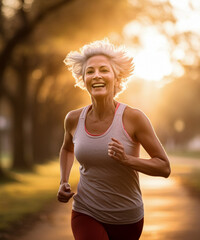 Caucasian middle-aged woman with white hair running during a sunset in the park