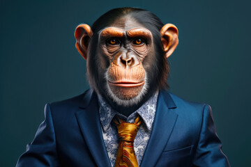 Fototapeta premium Monkey in business suit on blue background. Concept of successful education