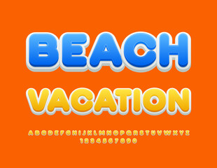 Vector travel flyer Beach Vacation. Sunny Yellow Font. Creative Alphabet Letters, Numbers and Symbols set