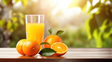 Obraz premium a glass filled with refreshing orange juice alongside a vibrant orange fruit arranged on a table, blurred background of farm or field