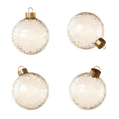 Set of four realistic yellow glass Christmas ball ornaments. 3d render. Festive baubles with glossy patterned glass isolated on a transparent background.