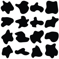 Random blotch, inkblot. Organic blob, blot. Speck shape.Splat, fleck graphic. Drop of liquid, fluid. Pebble, stone silhouette.Ink stain, mottle spot irregular shape. 