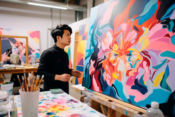 A talented young Asian artist focuses on painting his picture on a canvas easel