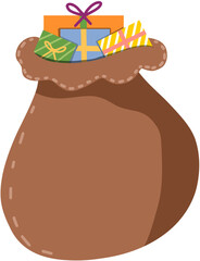 Cute illustration of Santa's gift bag. It is a brown bag with a gift box inside that can be used to decorate events related to various festivals.