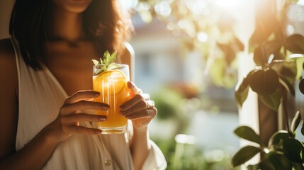 woman holding a glass of fresh orange juice, a healthy lifestyle - obrazy, fototapety, plakaty