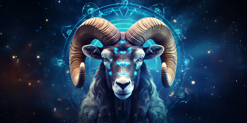 Astrology calendar Aries magical zodiac sign astrology Esoteric horoscope and fortune telling concept Aries zodiac in universe Zodiac sign of capricorn head with light in blue background  - obrazy, fototapety, plakaty