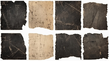 Set of Old various vintage rough paper with scratches and stains texture isolated on white. Generative AI.