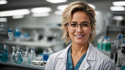 Close-up high-resolution image of a strong and independent researcher working at medical lab. Generative AI.