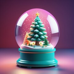 christmas tree with balls and snowflakes. Festive Christmas winter landscape with snowflakes closed miniature world in a glass ball