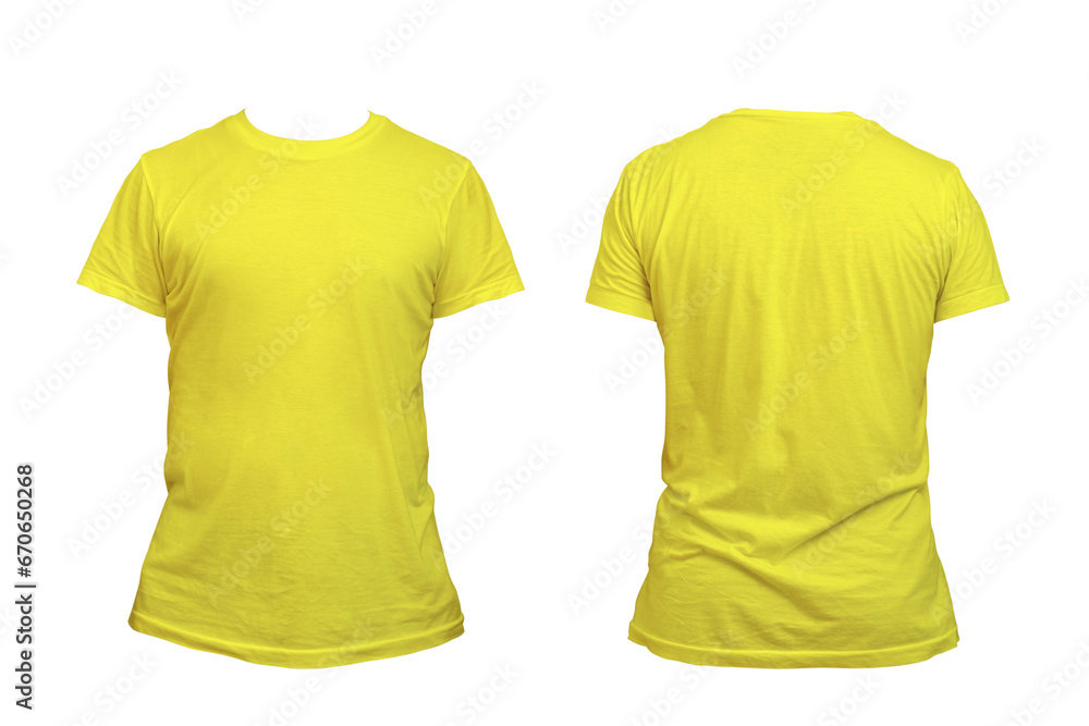 Wall mural Blank yellow clean t-shirt mockup, isolated, front view. Empty tshirt model mock up. Clear fabric cloth for football or style outfit template. - Wall murals