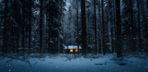 A cozy wooden cabin cottage chalet house covered in snow in winter forest with the lights turn on - obrazy, fototapety, plakaty