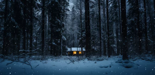Foto op Aluminium A cozy wooden cabin cottage chalet house covered in snow in winter forest with the lights turn on © Viks_jin