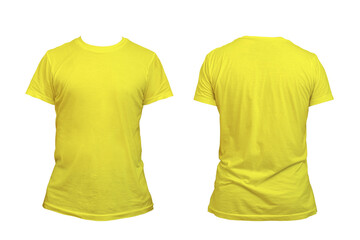 Blank yellow clean t-shirt mockup, isolated, front view. Empty tshirt model mock up. Clear fabric cloth for football or style outfit template.