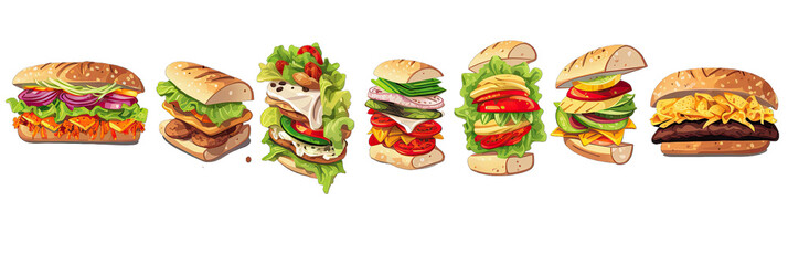 set of different sandwich with vegetables on transparent background