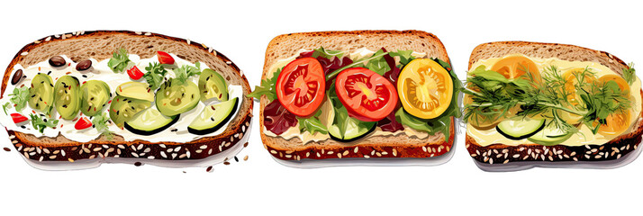 set of different sandwich with vegetables on transparent background