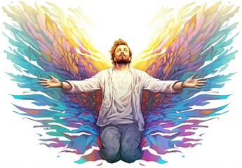 A man with angel wings. Concept of freedom, inspiration and faith. Digital art in watercolor style. Illustration for cover, postcard, greeting card, greeting card, interior design, decor or print. - obrazy, fototapety, plakaty