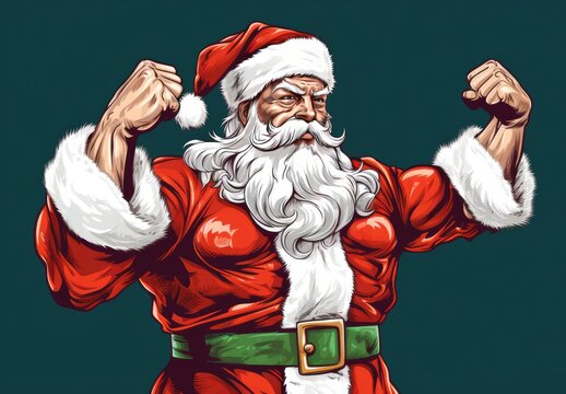 Close-up portrait of Santa Claus. Muscular bodybuilder in Santa suit with white fluffy beard shows off his muscles and raises both hands up like a real winner. Illustration for cover, card, postcard.