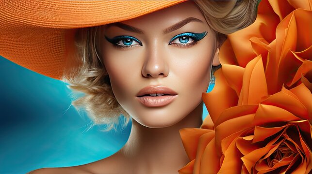Stylish fashion woman with big decorative flower. Close-up of the face. Illustration for cover, card, postcard, interior design, banner, poster, brochure or presentation.