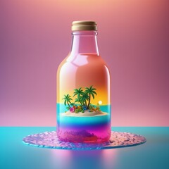 Tropical island. The concept of a perfect vacation, a miniature enclosed in a glass bottle