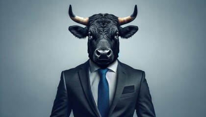 Business bull concept: Confident alpha male with bull head, sharp suit, symbolic leadership, strength, power. Surreal corporate illustration. Dominant figure in modern workplace