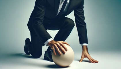 Man pushing large ball: Symbolic representation of initiative, starting momentum, 'getting the ball rolling'. Business motivation, determination, and drive in modern corporate setting.