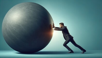 Man pushing large ball: Symbolic representation of initiative, starting momentum, 'getting the ball rolling'. Business motivation, determination, and drive in modern corporate setting.